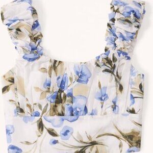 Abercrombie Scrunch Strap Poplin Top in Blue/Green Floral Print, Size XL